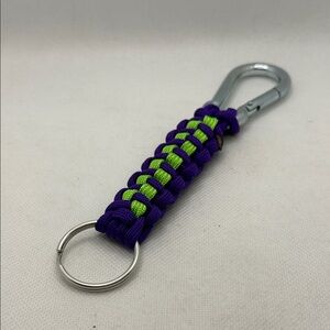 Handmade Purple and Neon Green Paracord Keychain with Carabiner